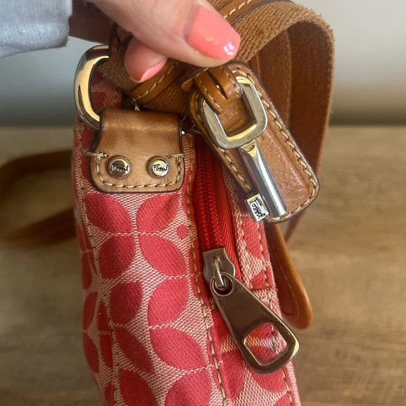 Fossil Signature Canvas Crossbody‎ Coral Bag Boho Classic Geometric Leather Trim - Picture 7 of 16